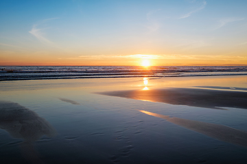 Image showing Atlantic ocean sunset with surging waves at Fonte da Telha beach, Portugal