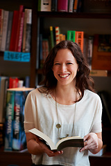 Image showing Library, books and portrait of woman in bookstore or shop read for research, learning and relaxing. Literature, customer and happy person with book for education, information and knowledge for hobby