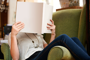 Image showing Reading, sofa and person with books in library, bookstore or shop for research, learning and relax. Literature, knowledge and customer with book for education, information and mockup for hobby