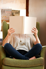 Image showing Person cover face with books in library, bookstore or shop for research, learning and relax on sofa. Literature, knowledge and customer with book for education, information and reading for hobby