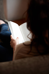 Image showing Reading, books and person relax on sofa, living room and home for research, learning and study. Literature, story and back of woman with book for education, information and knowledge for hobby