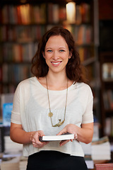 Image showing Woman, bookshop and portrait with sale, happy and pride for decision, choice or knowledge. Girl, novel and smile for literature in store, library or college with retail deal, discount and shopping