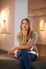 Image showing Thinking, creative and woman at a gallery for art, exhibition or education on culture. Idea, studying and a girl looking at creativity or paintings in a museum for inspiration, learning or collection