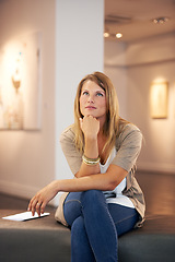 Image showing Thinking, culture and woman at a gallery for art, exhibition or education on artistic work. Idea, a girl and looking at creativity or paintings in a museum for inspiration, learning or collection