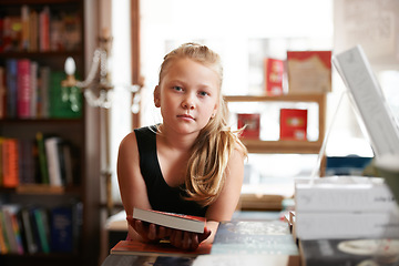 Image showing Girl kid in portrait, book and education, story for knowledge or entertainment with customer in bookshop. Library, store and learn for development and growth, fiction or literature with young child