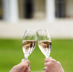 Image showing Couple, married and hands with champagne in celebration of anniversary, success or retirement. Mature, man and woman with toast, drink or cheers at hotel for love, romance or quality time in bond