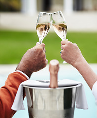Image showing Champagne, toast and hands of senior couple at a hotel for travel, freedom or romantic adventure. Wine, cheers and elderly people with poolside celebration of retirement, success or anniversary