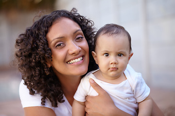 Image showing Mother, cute baby or portrait smile for love connection, together or outdoor. Woman, infant child support or hug with happy face for bonding parent development or curious kid, care or relax safety