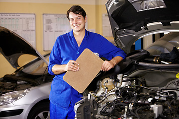 Image showing Portrait, happy man and mechanic with checklist on engine of car, repair or maintenance. Smile, technician and person with clipboard on motor hood, auto service and workshop, garage or small business