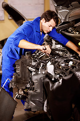 Image showing Spanner, man and mechanic check engine of car, repair or maintenance. Wrench tools, technician and serious person on motor vehicle, fix transportation or inspection at auto service workshop or garage