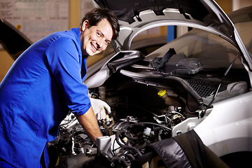 Image showing Portrait, happy man and mechanic check oil on engine of car, repair and maintenance. Face, smile and technician on motor vehicle, fixing transport or inspection at auto service workshop or business