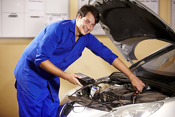 Image showing Smile, portrait and a mechanic with a car for maintenance, battery repair or work on an engine. Happy, workshop and a man, or prerson building a vehicle or transport in a garage for motor inspection