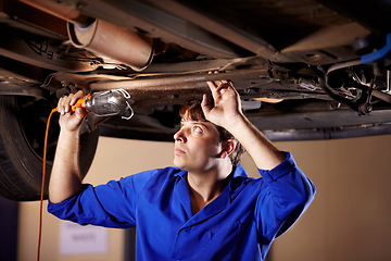 Image showing Car, maintenance or service with a mechanic man in a garage for a report on a vehicle repair for insurance. Inspection, professional and expertise with a young engineer in a workshop for assessment