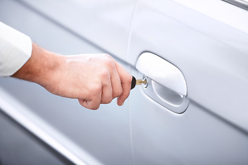 Image showing Closeup, hand and keys to a car for opening a door, travel or transportation. Zoom, salesman and a person at transport, vehicle or a rental for. commute, trip or journey in the morning in town