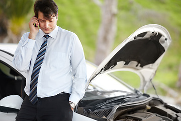 Image showing Roadside assistance, phone call and business man by car in conversation, travel or journey. Smartphone, help and serious person with engine breakdown, transportation insurance and emergency support