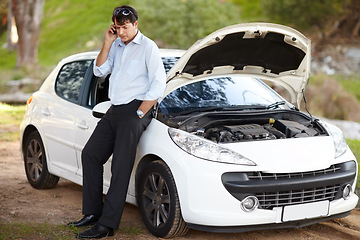 Image showing Car breakdown, phone call and business man in conversation for help, service or travel. Smartphone, roadside assistance and serious person with engine fail, transport insurance and emergency support