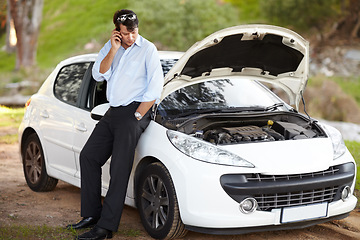 Image showing Car, phone call for help and business man talk, service and travel outdoor. Smartphone, roadside assistance and serious person with engine fail or breakdown, transport insurance or emergency support