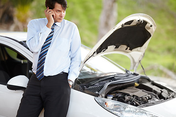 Image showing Man, phone and stress on car breakdown, motor problem and engine failure on road. Male person, call and anxious for roadside assistance, help and auto insurance for vehicle, smartphone and crisis