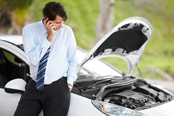 Image showing Roadside assistance, phone call and business man by car in conversation, travel or journey. Smartphone, help and serious person with engine breakdown, transportation insurance and emergency support