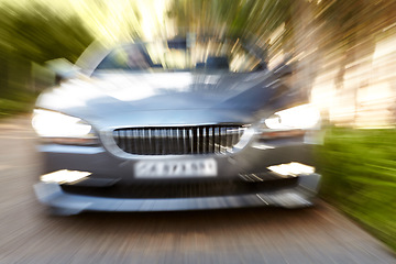 Image showing Motion blur, speed and sports car driving on road, travel trip or journey outdoor. Fast, silver motor vehicle on street or driver moving in luxury automobile, freedom or performance in transportation