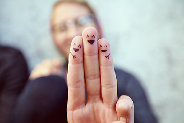 Image showing Fingers, smiley and happy drawing of family, woman and symbol or emoji, sign and icon or fun art. Hands, expression and artistic or cool, creative and craft for aesthetic, hope and joy in tattoo