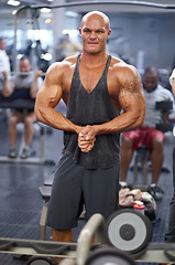 Image showing Man, arm flex and mirror at gym with fitness, workout and exercise of bodybuilder with reflection. Muscle, male person and athlete with sport training, wellness and body builder at a health club