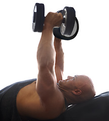 Image showing Dumbbell, man and fitness with arm strength, power and muscle exercise for health and wellness. White background, studio and male athlete with strong bodybuilder and gym workout for sport training