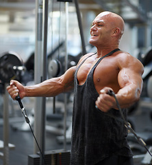 Image showing Bodybuilder man, exercise equipment and crossover with cable, strong and workout with smile for progress. Guy, training and fitness with muscle, health or wellness with weightlifting for competition