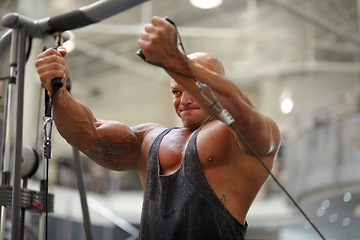 Image showing Body builder, strength exercise and man in a gym with power, weightlifting machine and workout. Muscle, strain and strong male athlete with training for bodybuilder fitness and wellness for sport