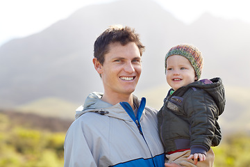 Image showing Portrait, father and child for hiking in mountains for wellness, travel or fun. Sweden, man and baby for smile, happy or excited in quality time, together and fresh air on trip for love, care or bond