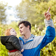 Image showing Father, child and pointing on hike in nature for teaching, learning or education of forest. Scotland, man and boy on adventure, journey or trip to explore woods, greenery or plants for quality time