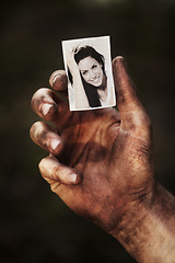 Image showing Hand, holding picture of woman and portrait, retro nostalgia or remember memory of family or partner isolated on background in studio. Closeup, black and white photo of wife and dirty fingers of man