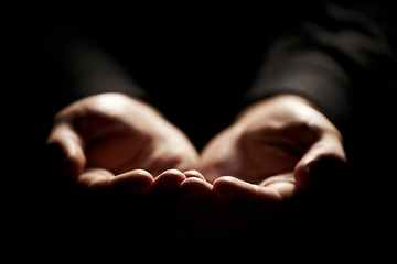 Image showing Hands, prayer and help from God with charity, closeup and praise with giving, gratitude and respect for religion. Search for guidance, wellness and praying, worship and faith with person and trust