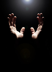 Image showing Hands, prayer and help from God with praise, closeup of holy person with gratitude and respect for religion. Guide, wellness and praying, worship and faith with hope and trust on dark background