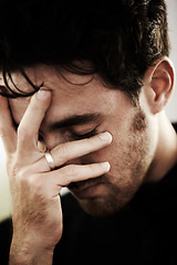 Image showing Man, sad or depressed with mental health and pain, stress or burnout with financial or life crisis, distress and upset. Emotion, hand covering face and trauma, bankruptcy or debt with depression