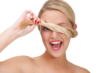 Image showing Silly, blonde and woman portrait for beauty, cosmetics and hair care with smile in a studio. Happy, fun and ponytail blindfold with wellness, makeup and glow treatment with shine and white background