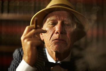 Image showing Old man, smoking and portrait in office with cigar, smoke and crime boss of mob with a decision. Thinking, face and senior gangster with cigarette in mafia or club with reputation of power as leader