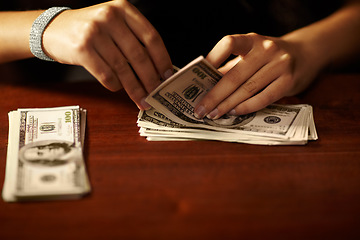 Image showing Woman, hand and count dollar cash for rich winning, deal or secret wealth fraud. Female person, jewellery and crime money banking scam or finance for pay profit bribe, exchange or illegal bills notes