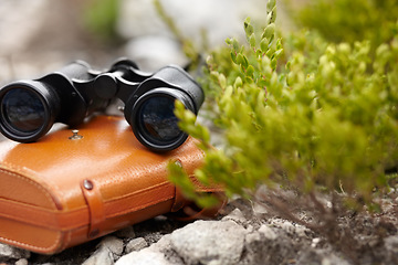Image showing Binoculars, explore and outdoors in nature for travel, discover and equipment for closeup or zoom. Field glasses, vision and telescope for observation, view and finding or search on ground to scout