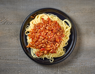 Image showing plate of pasta spaghetti with sauce bolognese