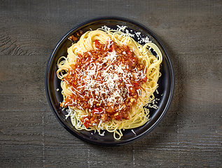 Image showing plate of pasta spaghetti with sauce bolognese