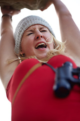 Image showing Woman, screaming and rock climbing fall or risk, mistake and scared of death, danger and fear. Female person, shouting and terrified of falling, outside and holding on cliff, terror and anxiety