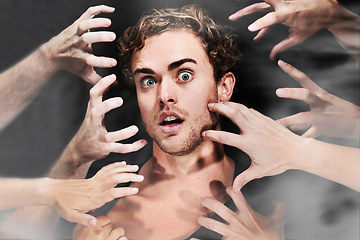 Image showing Portrait, drug addict and scared man with hands in studio isolated on black background. Face, smoke or person with fear, mental health crisis or hallucination, surprise or sick, depression or anxiety