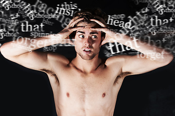 Image showing Stress, depression and man with headache, words and studio isolated on a black background. Anxiety, psychology and mental health of person with text, sick and frustrated at crisis, fail or mistake