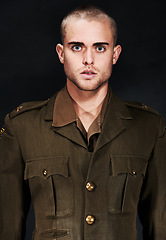 Image showing Military, portrait or man with ptsd, serious or surprised face and fear, terror and anxiety in studio. Man, guy or wide eyes with addiction, user or psychosis for insomnia on black background or risk