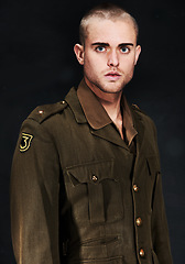 Image showing Soldier, portrait or man with ptsd, serious or surprised face with fear, terror and anxiety for mental health. Man, guy or wide eyes with addiction, user and psychosis for insomnia, emotion or risk