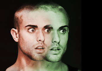 Image showing Mental health, face and man with bipolar disorder or illness in studio with terror or fear. Double exposure, guy and male person with trauma, anxiety or schizophrenia on black background or shocked