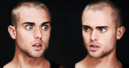 Image showing Mental health, portrait and man with bipolar disorder or illness in studio with terror or fear. Double exposure, guy and male person with trauma, anxiety or schizophrenia on black background or face