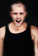 Image showing Stress, blur and portrait of screaming man in studio isolated on a black background. Anger, anxiety and face of person shouting for mental health crisis, psychology or crazy, frustrated or depression