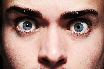 Image showing Closeup, face or eyes of shocked person with fear, terror and anxiety for schizophrenia or mental health. Man, stress or crazy looking with addiction, user and psychosis for insomnia, emotion or risk